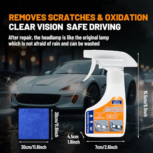 BUFFZIT Headlight Cleaner & Restoration Kit, Instantly Removes Oxidation, Yellowing, and Cloudiness, Restores Headlights to Like-New Clarity, No Rubbing Needed, Suitable for All Cars, 180ml / 6oz