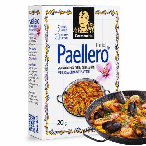 Sazonador Paellero Carmencita con azafran, Especias para Paella, Sin Gluten, Apto para 30 Raciones, Contiene 5 sobres de 4g cada, 4 Unidades