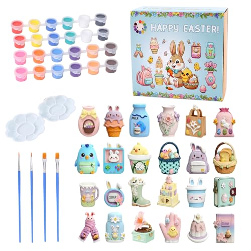 GloomGlo Kit de figuras de yeso con temática de Pascua, 24 figuras con pinturas, pinceles y paletas para niños, suministros de manualidades