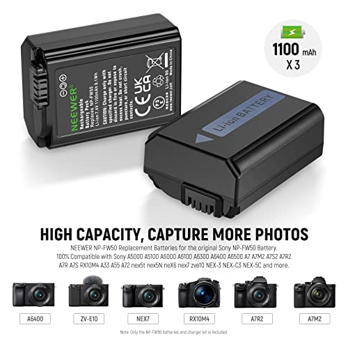 Image of NEEWER Replacement Battery and Charger Set for NP-FW50, 3 Pack Batteries