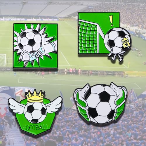 Image of 4Pcs Cartoon Football Sports Brooch, Holding A Football, Scoring A Goal, Enamel Pin, Kicking a Football, Crown Lapel Pin, Alloy Backpack Pin, Suitable for Cool Pins, Suitable for Daily Clothes, Bags, Hats Decoration, Party Gifts Collection