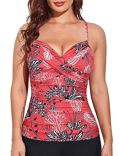 Firpearl Underwire Tankini Swimsuits for Women Twist V Neck Swim Top for Big Busted Tummy Control Bathing Suit Tops Only3