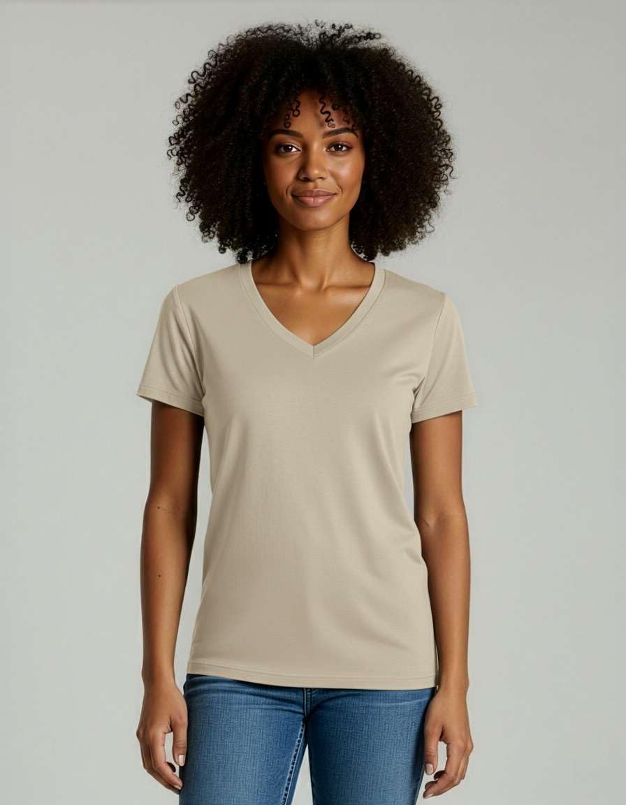Real Essentials 4er-Pack: Kurzärmeliges Damen-T-Shirt aus Baumwolle mit V-Ausschnitt in klassischer Passform (in Übergröße erhältlich)