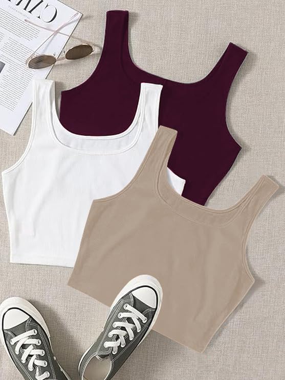 Image of Toochki Women's Knitted Sleeveless Solid Sqaure Neck Ribbed Tank & Crop Tops (Pack of 3)