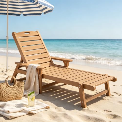 Image of Psilvam Chaise Lounges, Lounge Chairs with Adjustable Backrest, Supports Up to 350 lbs, All Weather Recliner Poly Lumber Lounges Bed for Poolside, Patio, Porch (Light Brown)