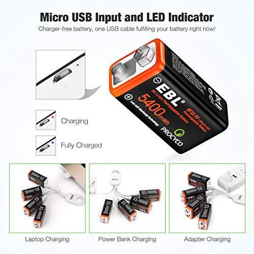 Ebl Usb Rechargeable 9V Lithium Batteries - 5400Mwh Long Lasting Li-Ion Batteries With Micro Charging Cable - Quick Charge In 2 Hours (4 Pack) #TOP4