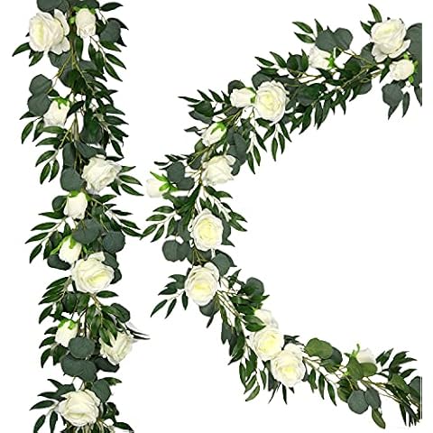 Auroal 2 Packs Artificial Eucalyptus Garland,Faux Silk Eucalyptus Garland with White Roses Willow Vines Twigs Leaves,Greenery Garland for Hanging Baskets Wedding Arch Garden Background Decor(Roses) Cover