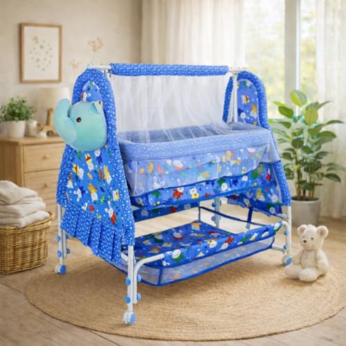 Image of BUBBLEBABY Baby Cradle | Jhula | Baggi | Palna | Ghodiyu | Ventilated | with Swing & Mosquito Net | 0-12 Months | Four Wheels with Brake | Storage | Polypropylene | Safe & Sturdy | Foldable | Blue