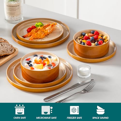 Image of vancasso ONION Ceramic Plates and Bowls Sets, 12 Pieces Brown Dinnerware Sets for Kitchen, Reactive Glaze Dishes Set for 4, Dishwasher and Microwave Safe