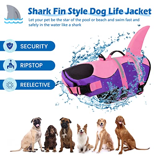 Koeson Dog Life Jacket Shark, Dog Life Vest With Rescue Handle, Ripstop Pet Float Coat For Swimming, Safety Dog Lifesaver Pet Life Preserver Swimsuit For Small,Medium,Large Dogs Pink Purple Xxl #TOP1