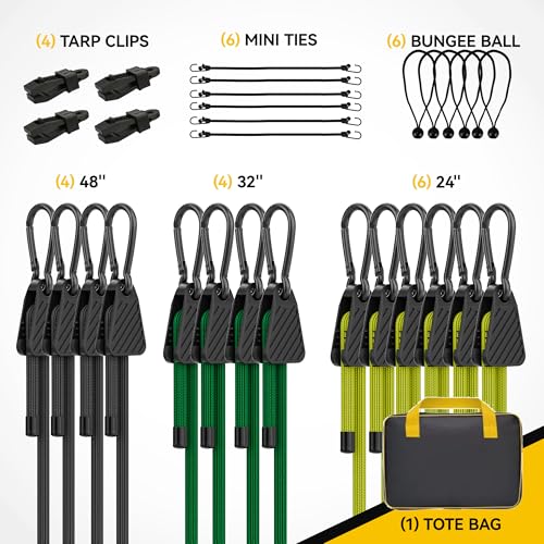 Image of Bungee Cords with Hooks, Upgrade 30pcs Assortment Heavy Duty Outdoor with 24'' 32'' 48'' Adjustable Bungee Cords, 10'' J Hooks Cord, 6 inch Canopy Tarp Ball Ties and Tarp Clips Drawstring Organizer Bag