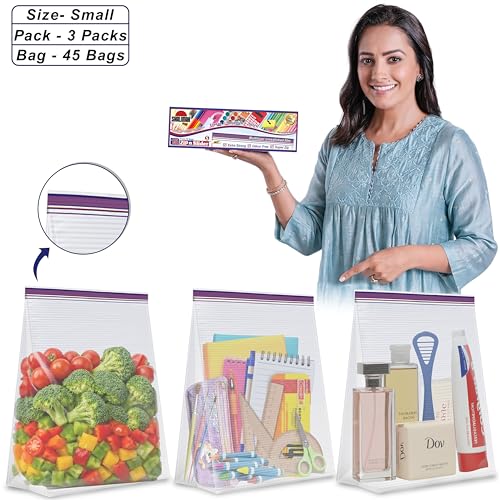 Image of Shalimar Zip 'N' Slider (Press Fit) Bags | Small (20 cm X 20 cm) | Pack of 45 Bags |Ziplock /Vegetable /Fruit /Fridge /Multi-Purpose Storage Bag | Reusable & Reclosable with Double Lock| Color - Natural