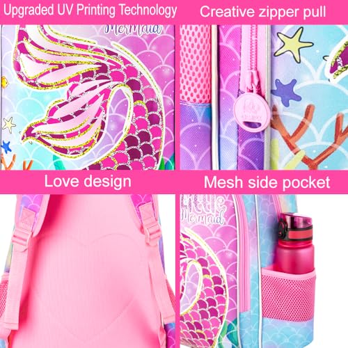 Image of AGSDON 3PCS Kids Backpacks for Girls, 16 inch Little Kid Mermaid Backpack Preschool School Bookbag and Lunch Box