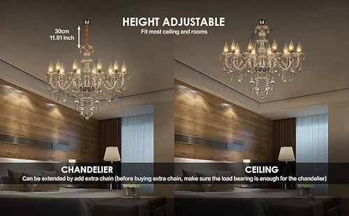 Ridgeyard 10-Light Crystal Chandelier Cognac/Champagne Modern Chandelier K9 Crystal Candle Pendant Ceiling Lighting Fixture, Chandeliers For Dining Room Home Decor #TOP4