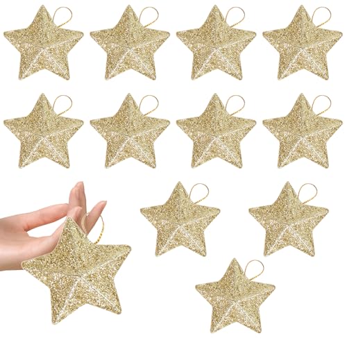 12 Christbaumschmuck Gold,Sterne Weihnachtsbaum Stern Deko,Weihnachtsbaumschmuck Gold,Weihnachtsschmuck Baum,Weihnachtsdeko Baum,Tannenbaumschmuck,Glitzer Christbaumanhänger,Stern für Weihnachtsbaum