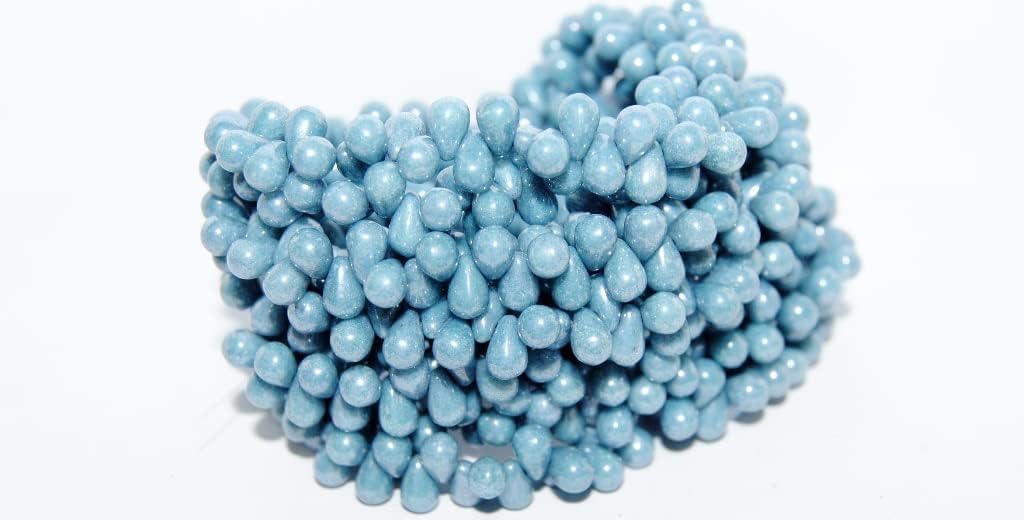 600 pcs Pear Drop Pressed Glass Beads, White Luster Blue Full Coated (2010 14464), Glass, Czech Republic, Size 4 x 6 mm (0.16 x 0.24 in)