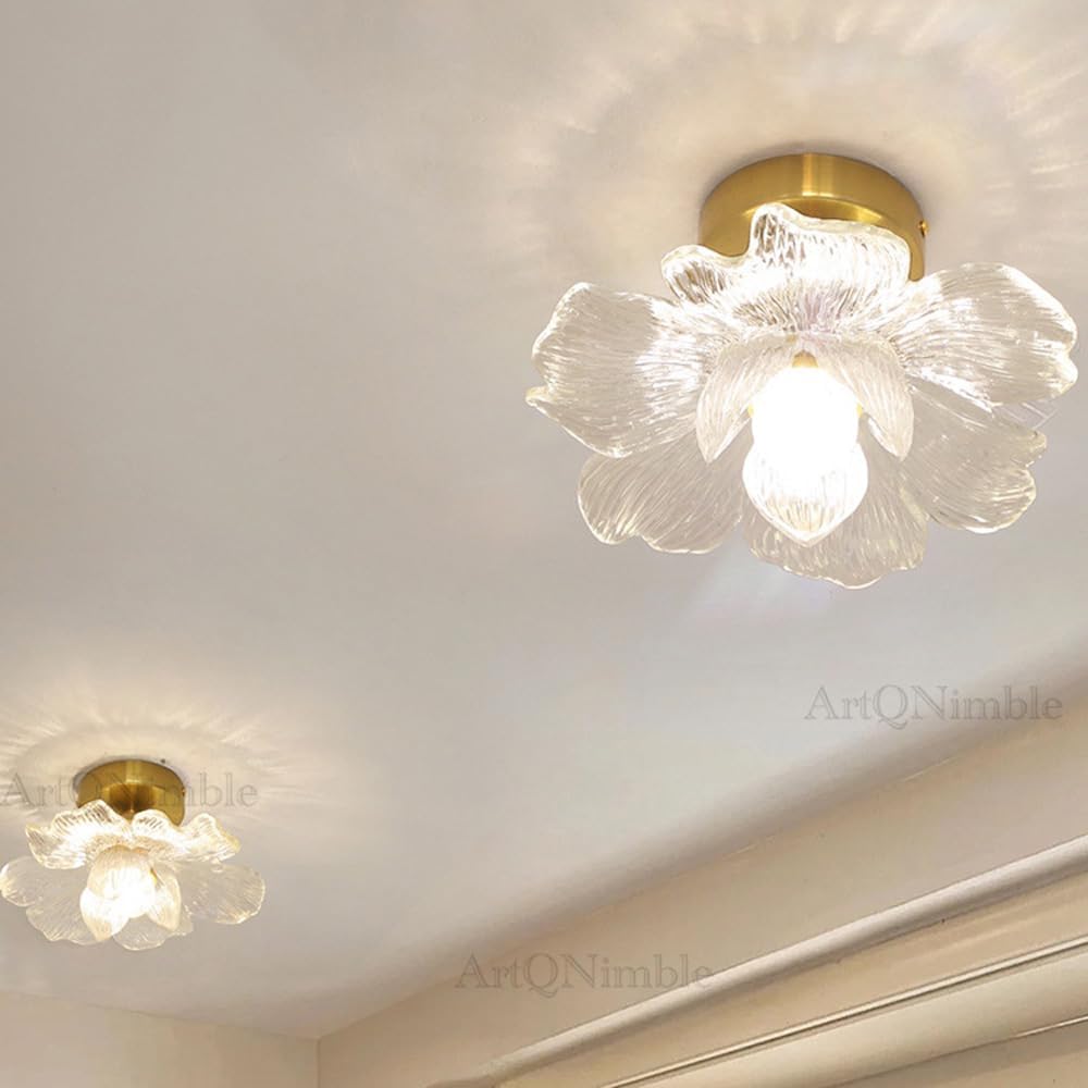 Glass Flower Ceiling Light Semi Flush Mount Hallway Ceiling Light Fixtures Large Gold Bathroom Close to Ceiling Light Floral Petal Kitchen Lamp for Entryway Porch Closet Balcony
