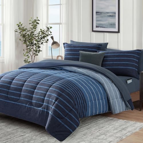 Image of Monbix Queen Comforter Set - 7 Pieces Bed in a Bag Queen, Navy Blue-Stripe Bedding Sets, All Seasons Comforter Bed Set with Sheets, Pillowcases & Shams