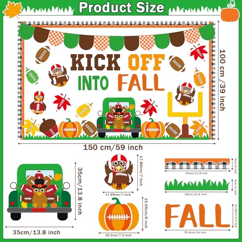 Image of Fall Football Bulletin Board Kick Off into Fall Bulletin Border Autumn Turkey Maple Leaves Pumpkin Cutouts Thanksgiving Theme Sport Bulletin Decorations Set for School Classroom Home Window Wall Decor