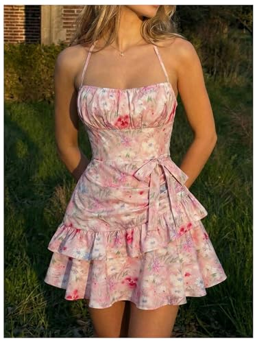 Image of Floerns Women's Floral Halter Ruffle Tiered Cute Summer Mini Dress Milkmaid Vacation Sundress