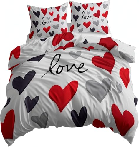 Funda Nordica Cama 105 Amor, 3D Funda Edredon 200x200 cm Corazones Microfibra Ropa de Cama Corazón Reversible 3 Piezas, Funda de Edredón + 2 Fundas de Almohada b3832