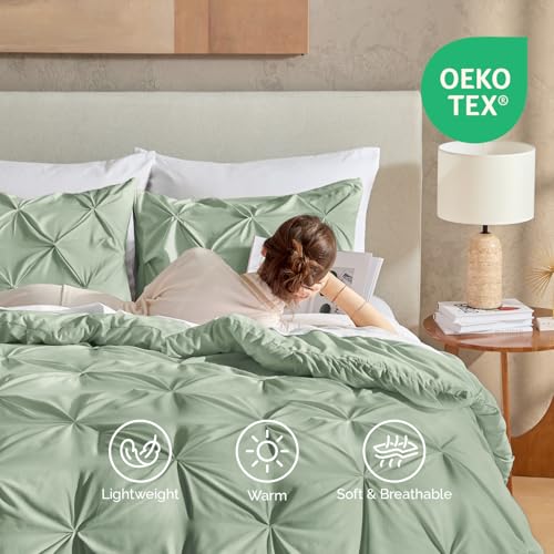 Image of Andency Queen Pinch Pleat Comforter Set (90 inchx90 inch),3 Piece Lightweight Pintuck Bedding Comforters & Sets, Fluffy Down Alternative Comforter with 2 Pillow Shams for All Season,Sage Green