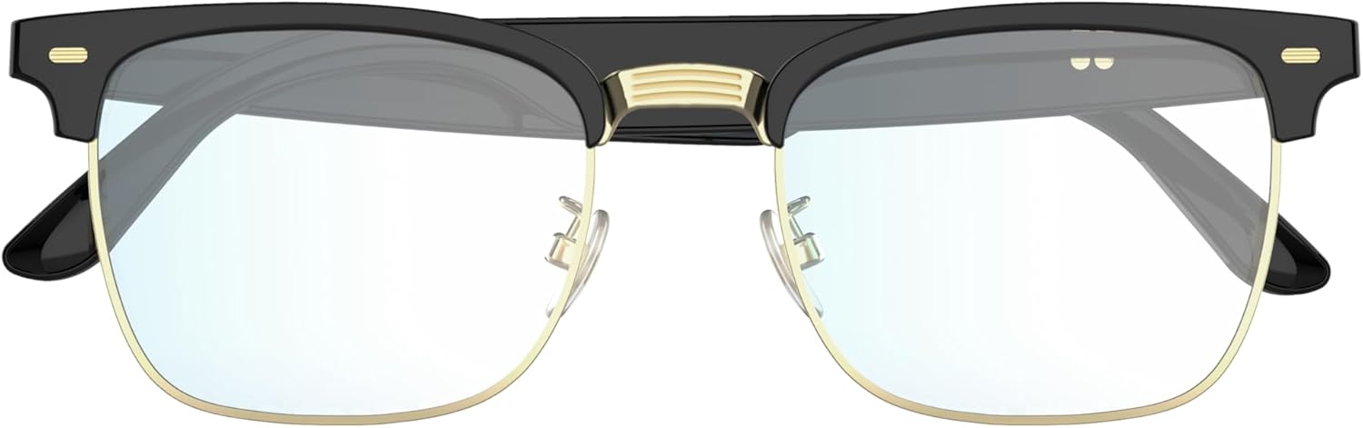 Premium Bluetooth Smart Glasses with Open Ear Audio, Built-in Microphone for Hands-Free Calls, Voice Assistant Compatible, Lightweight Clear Lens Eyewear – Black Gold