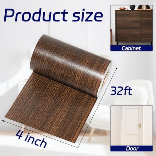 Image of Wood Border Peel and Stick, 4 inch X 32 ft Self Adhesive Wood Repair Tape, 1Roll Wood Colored Trim Wood Grain Repair Patch for Mirrors, Doors, Windows, Floors, Furniture, Bathroom (Deep Brown)
