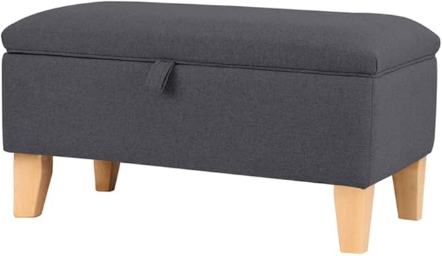 INMOZATA Linen Fabric Footstool Storage Upholstered Ottoman Pouffe Stool Change Shoe Footrest Wooden Legs for Living Room Bedroom Dark Grey