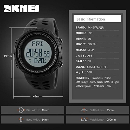 SKMEI Digital Watch Model 1295, demonstrating 50M water resistance with images of washing hands, rain, and swimming.