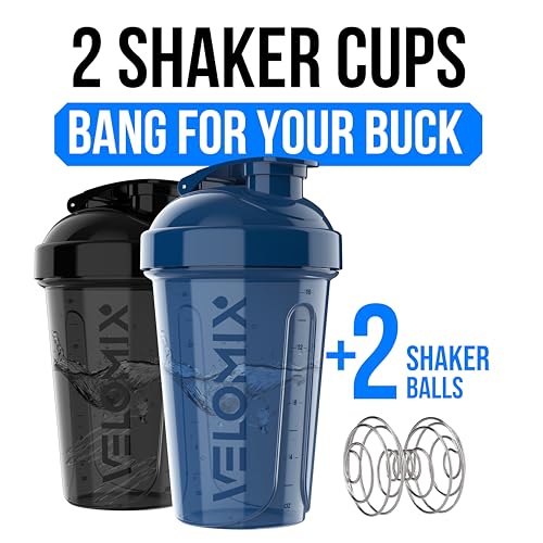 Image of VELOMIX -2 Pack- 20 oz Protein Shaker Bottles for Protein Mixes - 2x Wire Whisk | Leak Proof Shaker Cups for Protein Shakes and Pre Workout | Protein Shaker Bottle Pack (B5) Blue /Black