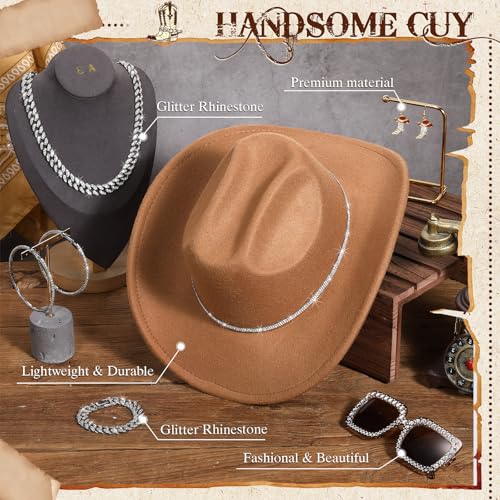 Hercicy 7 Pcs Western Cowgirl Accessory Set 70s Women Glitter Hat Sunglasses Bandana Etc. Cowgirl Cosplay Party Outfit(Khaki) by Hercicy - Used condition - Image 4