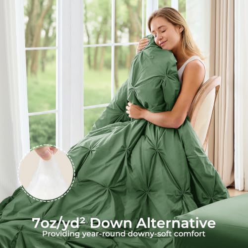 Image of Sasttie Queen Comforter Set, 7-Piece Bed in a Bag, Pintuck Bedding Sets for All Season, Includes Comforter, Flat Sheet, Fitted Sheet, Pillowcases and Pillowshams, Forest Green
