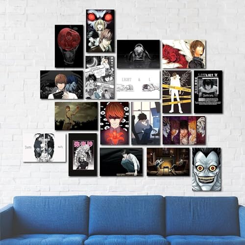 Image of ATEVON Death Note Wall Poster Set of 18 - 6x4 Inch Unframed Mini Collage Kit Featuring Light Yagami, L, Ryuk - Japanese Manga Room Decor for Fans
