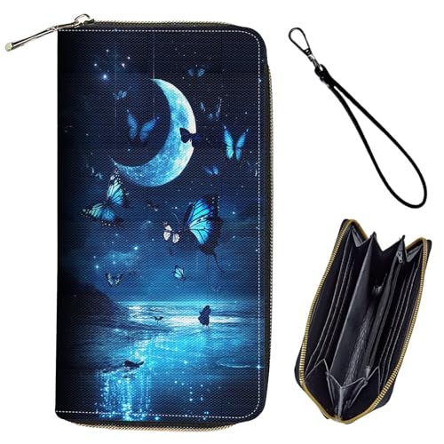 Bxgolkgd Womens Wallet, RFID Blocking Leather Wallet,Large Capacity Wallet Credit Card Holder PU Leather Ladies Clutch with Zipper Coin Pocket - Moon Blue Butterfly