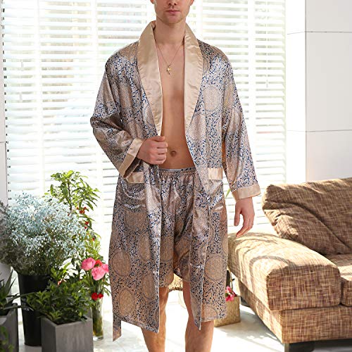 Lu's Chic Men's Satin Pajama Set Silk Robe Boxer Underwear Long Sleeves Pockets Loungewear Kit2