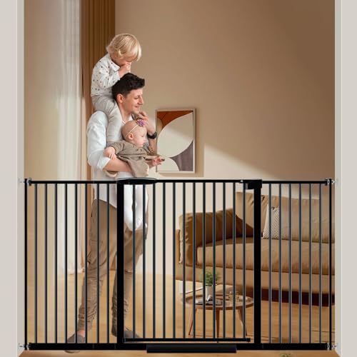 Image of DEARBB Extra Wide Baby Gate Ultra Narrow Spacing 30.11-77.36" Pressure Mounted Double Lock Swing Auto Close Walk Through Metal Safety Pet Gate for Stairs and House Doorway Kitchen