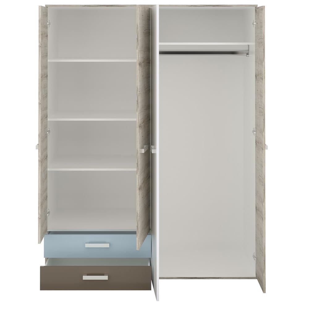 Lomadox Jugendzimmer Kinderzimmer Komplett Set, Sandeiche mit weiß, Lava blau, 90x200 Bett, Kleiderschrank, Nachttisch