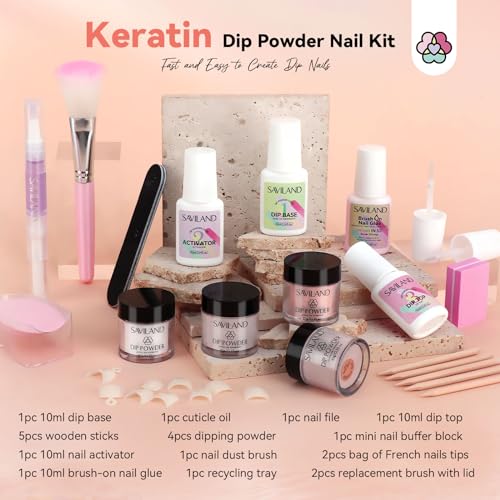 SAVILAND Dip Powder Nail Kit Starter with Nail Tips - 4 Colors with French Tips & Keratin Formula, Brown Nude Clear Dipping Powder No U V Lamp Needed for Home Manicure (10ml x4 Dip Liquids + Tools)