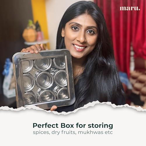 Image of Maru Steel 9-In-1 Masala Container for Kitchen with Heavy-Duty Square Box, Airtight & Durable 9 Storage containers with see-through lids 140ml each, Ideal for Spices, Herbs, Dry Fruits, Mukhwas & More