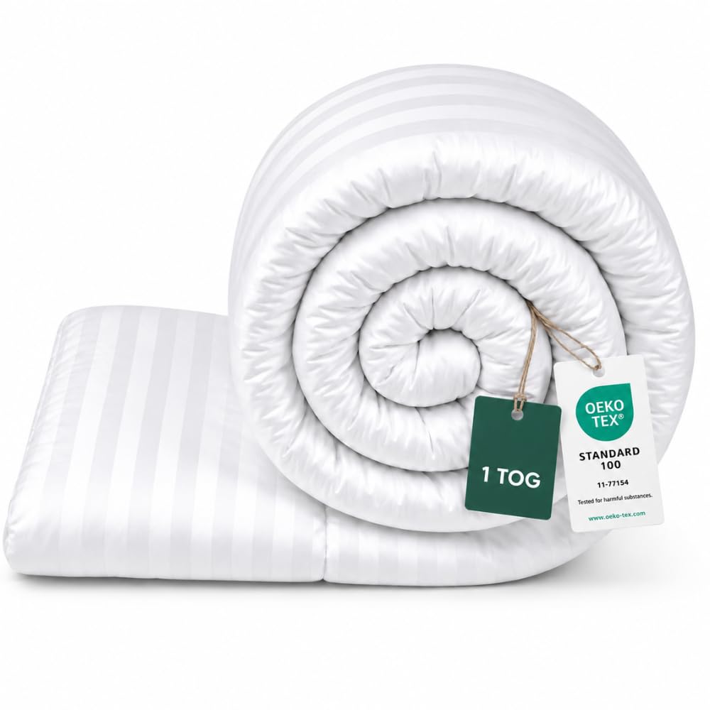 MHG Living 1 Tog Summer Duvet Single 135x200cm - Ultra Lightweight Cool Duvet for Hot Sleepers | OEKO-TEX Certified, Breathable Stripe Microfibre, Hypoallergenic Hollowfibre, Made in UK