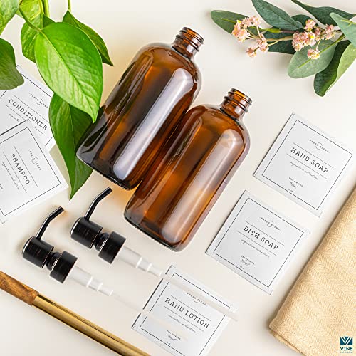 Vine Creations Amber Glass Soap Dispenser 2 Pack, Thick 16Oz Bottles Rustproof Stainless Steel Pump, Kitchen Bathroom Accessories, Hand Dish Soap Dispenser, Waterproof Labels (Round Oil Rubbed Bronze) #TOP4