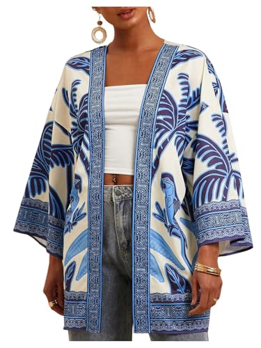 Floerns Women's Tropical Print Kimono Cover Up Open Front Long Sleeve Blouse Top