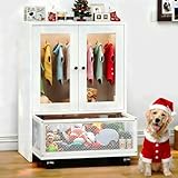 TC-HOMENY Pet Wardrobe Closet with Transparent Doors, Wooden Dog Closet with Clothes Hanger, Pet Storage Display Cabinet, Dog Toy Drawer with Wheels, Pet Organization and Storage for Pet Accessories
