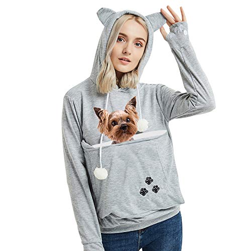 Womens Pet Carrier Sweater Dog Cat Pouch Hoodies Plus Size Tops Light Grey