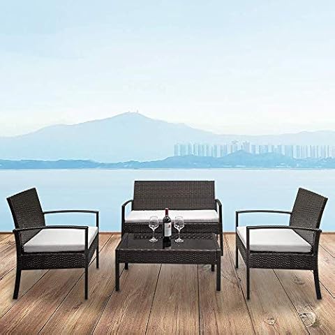 HOTYARD 4 Pieces Rattan Patio Furniture Set, Wicker Patio Conversation Set with Sofa, Coffee Table, Loveseat and Cushion for Outdoor Backyard Garden Cover