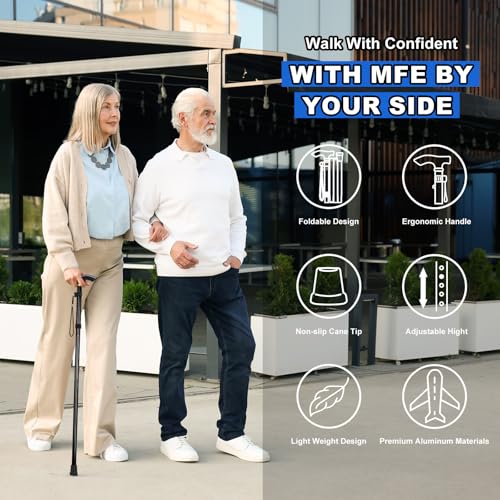 Image of MFE Folding Cane, Portable 5-Level Adjustable Height Walking Stick with Foldable Design, Wrist Strap, and T Handle for Men and Women, Black