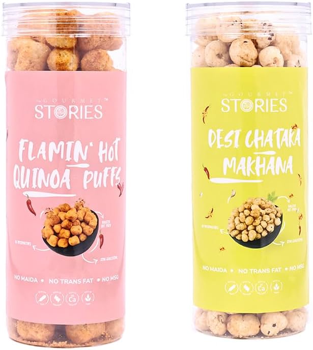 The Gourmet Stories Quinoa Puffs - Flamin' Hot Flavour | Makhana - Desi Chatpata Flavour | Combo Pack Of 2 | High in Fiber, Gluten-Free | Light & Healthy Option | 225gm