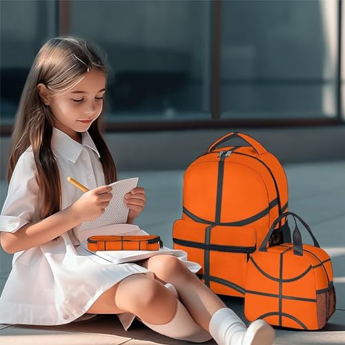 Basketball Backpack with Lunch Box and Pencil Case Set, 3 in 1 Matching Boys Orange Backpacks Combo, Cool Bookbag and Pencil Case Bundle2