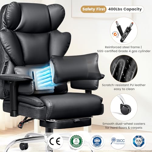 Image of Big & Tall Office Chair, Ergonomic High Back Executive Desk Seat | 400 LBS Heavy Duty Steel Frame for Heavy Users, 23.6 inch Wide Seat, Padded Armrests, 165 Reclining, Black PU Leather, 2 Pack